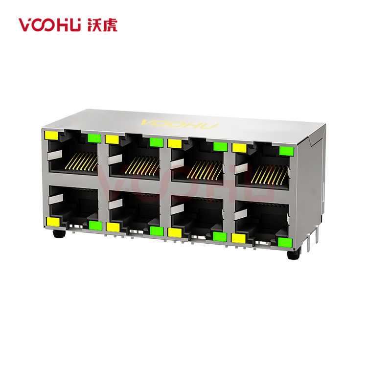 SYT59212488AB1A1DY1E022短体 90° 侧面插入 2*4 开口朝上/下 LED Y/G 带屏蔽 DIP RJ45