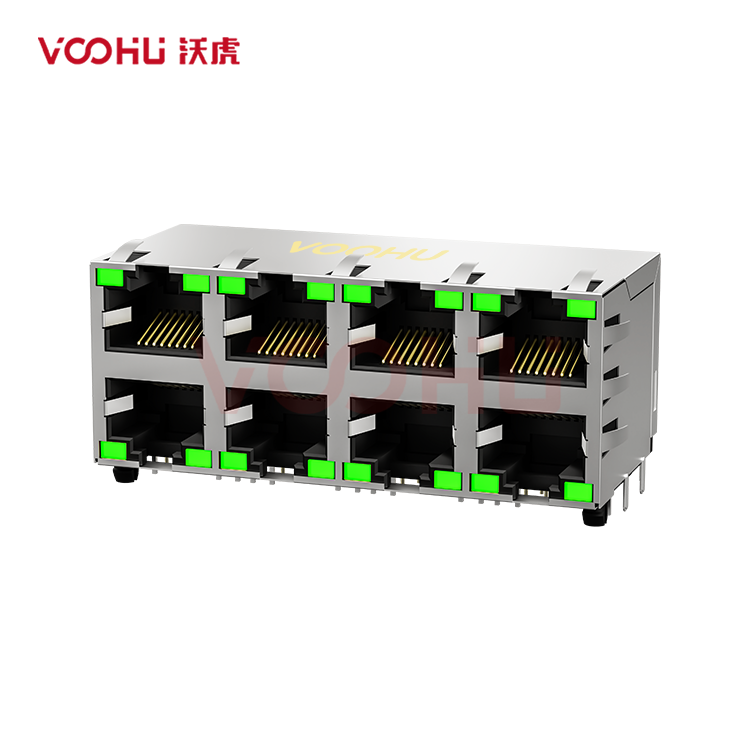 SYT59212488DB3A1DY1C022短体 90° 侧面插入 2*4 开口朝上/下 LED G/G 带屏蔽 DIP RJ45