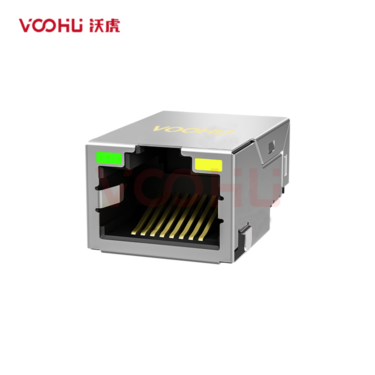 SYT211B002AB2A7CBST6057 90° 侧面插入 1*1 开口朝上 10/100M LED G/Y SMD 沉板RJ45连接器