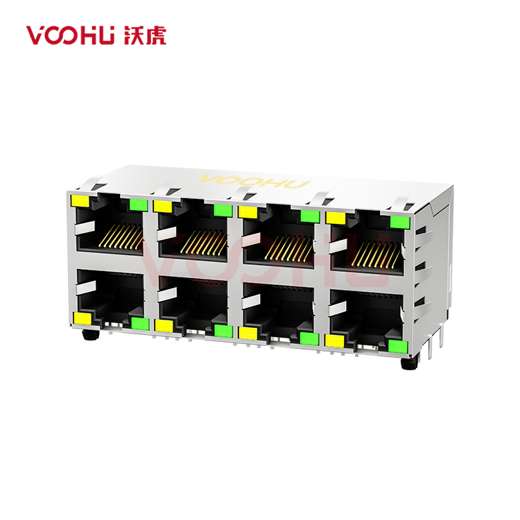 SYT24Q042DB1A4D068 90° 侧面插入 2*4 开口朝上/下 1000BASE LED Y/G 带屏蔽 DIP RJ45