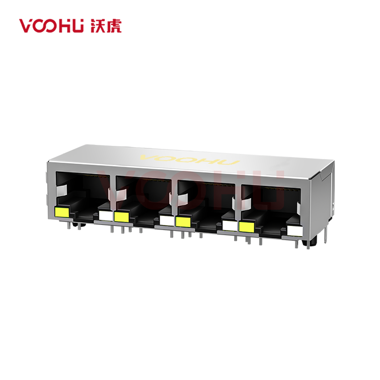 SYT59211488AE5A1DY1006 90° 侧面插入 1*4 开口朝下 LED Y/GO  带屏蔽 DIP RJ45