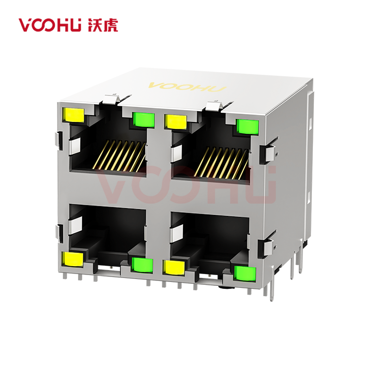 SYT59212288DB1A1DY1B022长体 90° 侧面插入 2*2 开口朝上/下 LED Y/G 带屏蔽 DIP RJ45