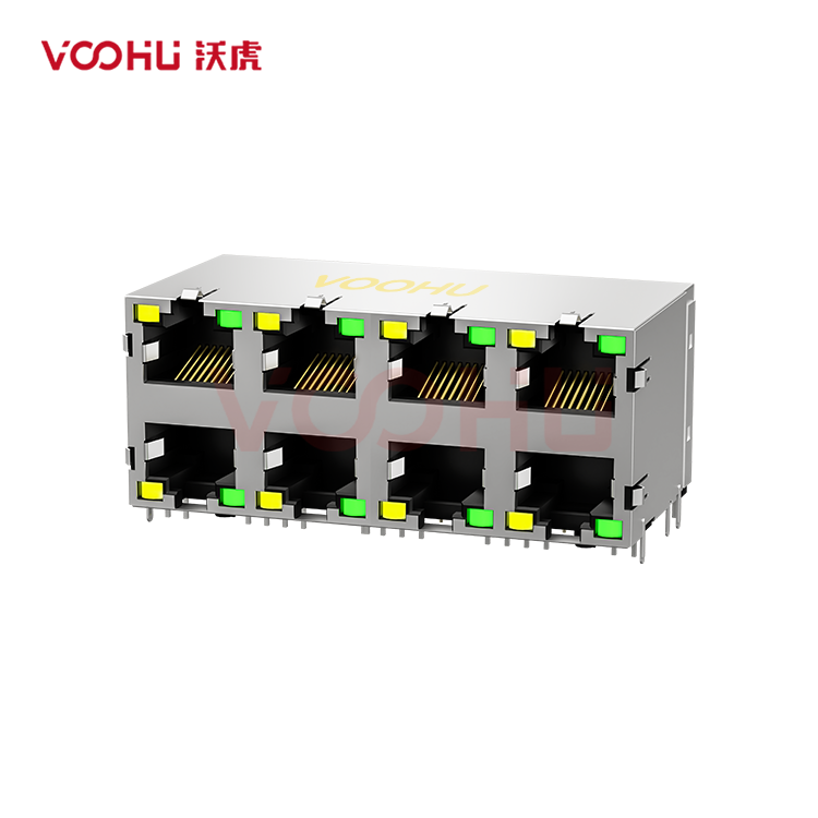 SYT59212488DB1A1DY1B022长体 90° 侧面插入 2*4 开口朝上/下 LED Y/G 带屏蔽 DIP RJ45