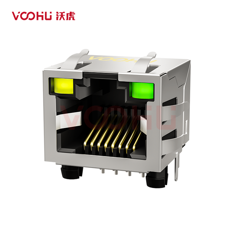 SYT561188DB1A3DY1027 90° 侧面插入 1*1 开口朝上 LED Y/G 带屏蔽带弹片 DIP RJ45