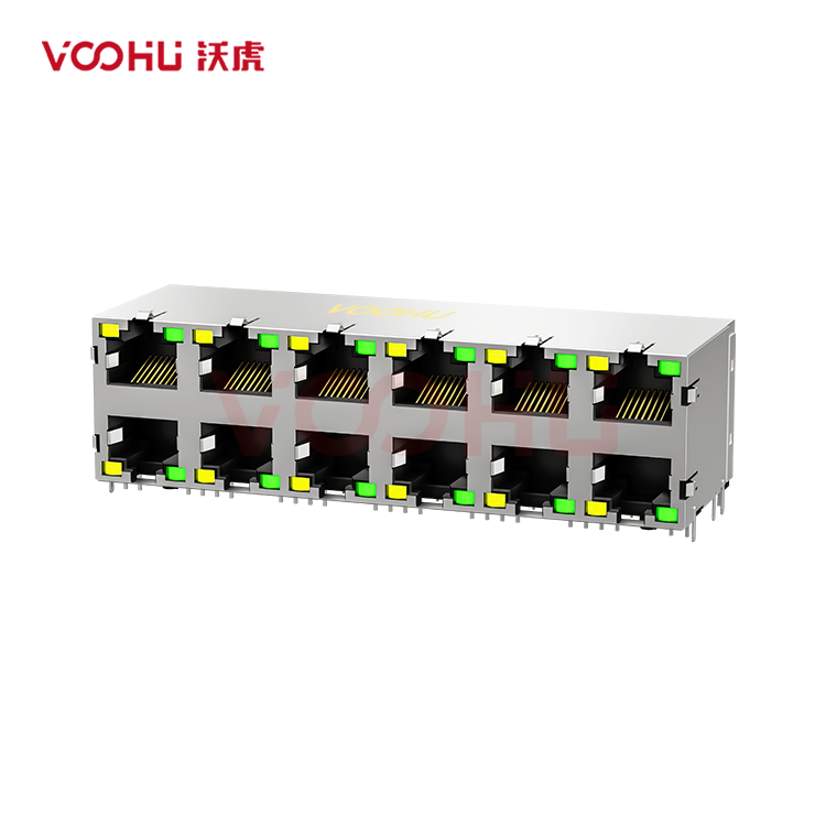 SYT59212688DB1A1DY1B022长体 90° 侧面插入 2*6 开口朝上/下 LED Y/G 带屏蔽 DIP RJ45