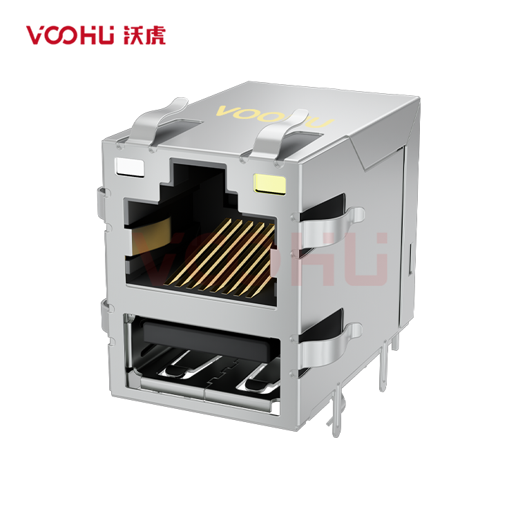 SYT611Q008DF5WD009 90° 侧面插入 1*1 开口朝上 100/1000M  LED GO/Y DIP RJ45+USB