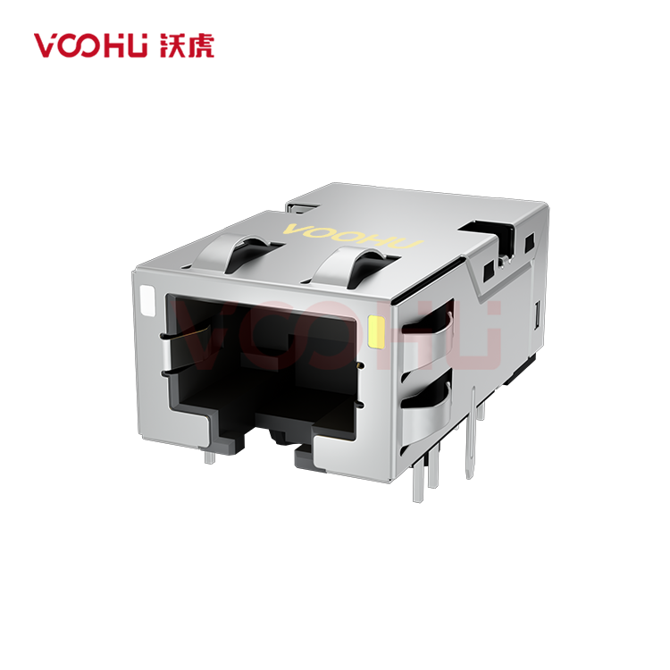 SYT1211Q008FF1A10D057 90° 侧面插入 1*1 开口朝下 100/1000M LED GY/Y DIP RJ45（低高度）