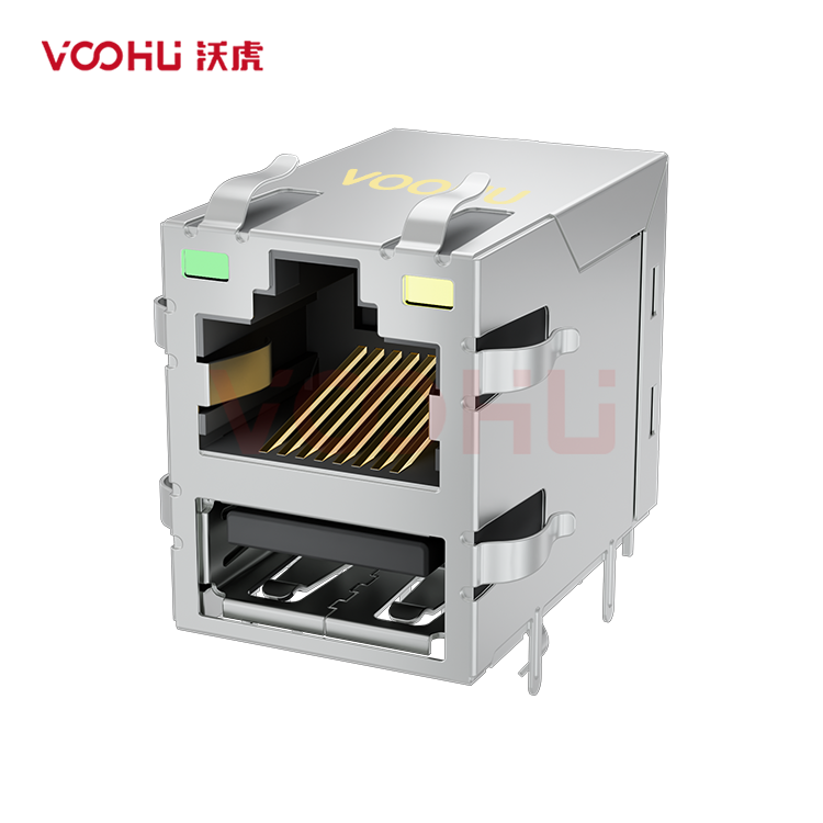 SYT611B101DB2WDA009 90° 侧面插入 1*1 开口朝上  10/100M LED G/Y DIP RJ45+USB
