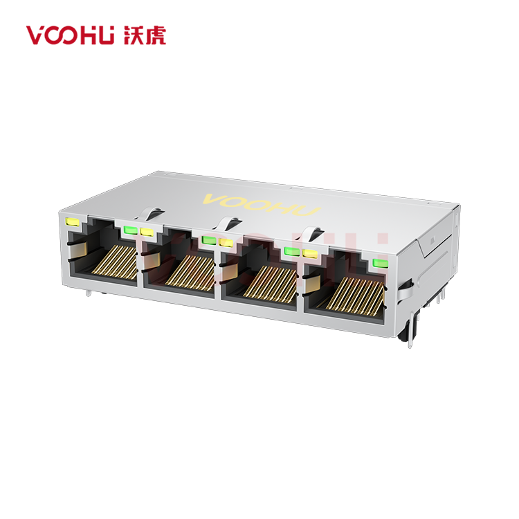 SYT414Q200DB1A2DC057 90° 侧面插入 1*4 开口朝上 5G POE720mA LED Y/G DIP RJ45