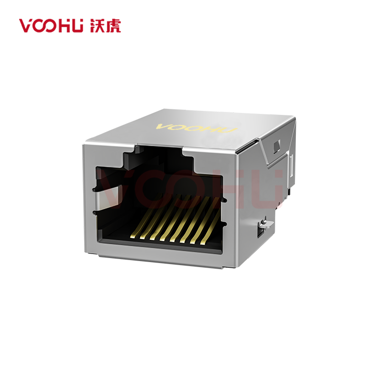 SYT211B083GWA7CBS057 90° 侧面插入 1*1 开口朝上 10/100M 无LED SMD 沉板RJ45连接器