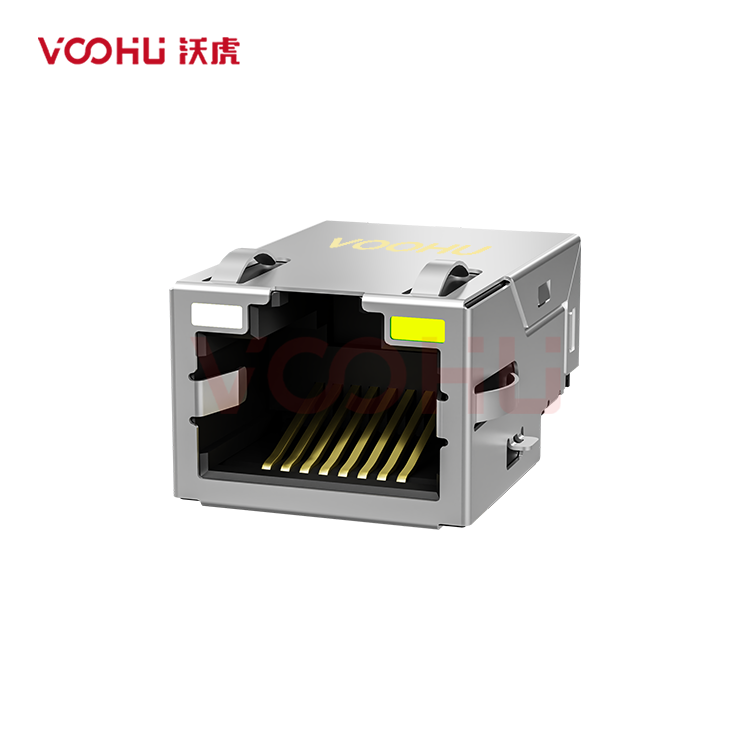 SYT211Q639DF5A7CBS1057 90° 侧面插入 1*1 开口朝上 10G 有LED GO/Y SMD 沉板RJ45连接器