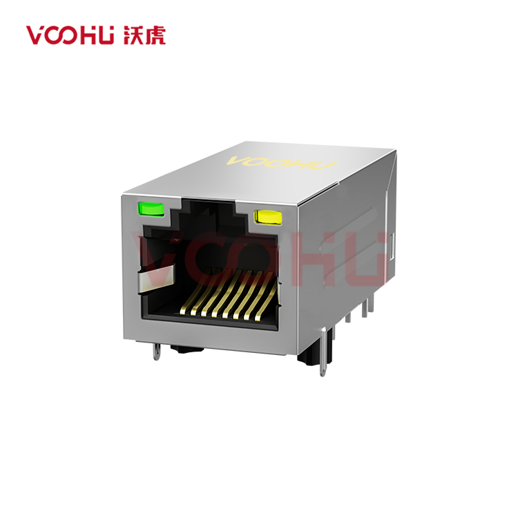 SYT411Q200AB2A2DPC057 90° 侧面插入 1*1 开口朝上 POE720mA Y/G 5G DIP RJ45
