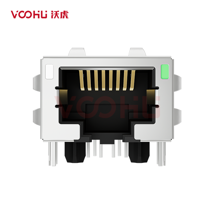SYT1211Q141FF3A10DC057 90° 侧面插入 1*1 开口朝下 GY/G 10G DIP RJ45（低高度）