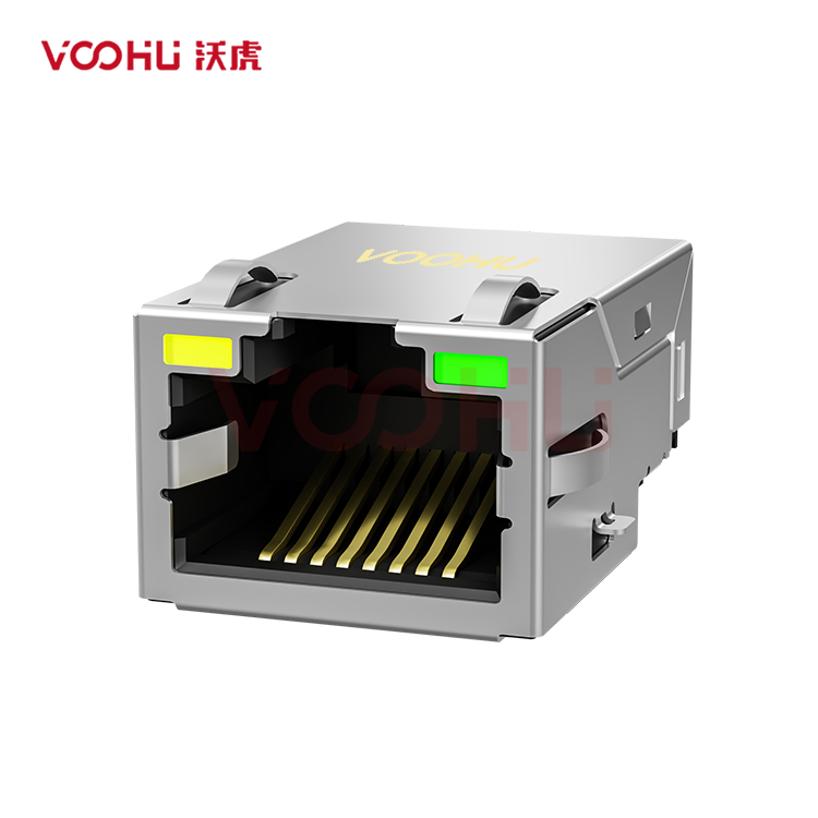 SYT211B227DB1A7CBS057 90° 侧面插入 1*1 开口朝上 Y/G 10/100M SMD 沉板RJ45连接器