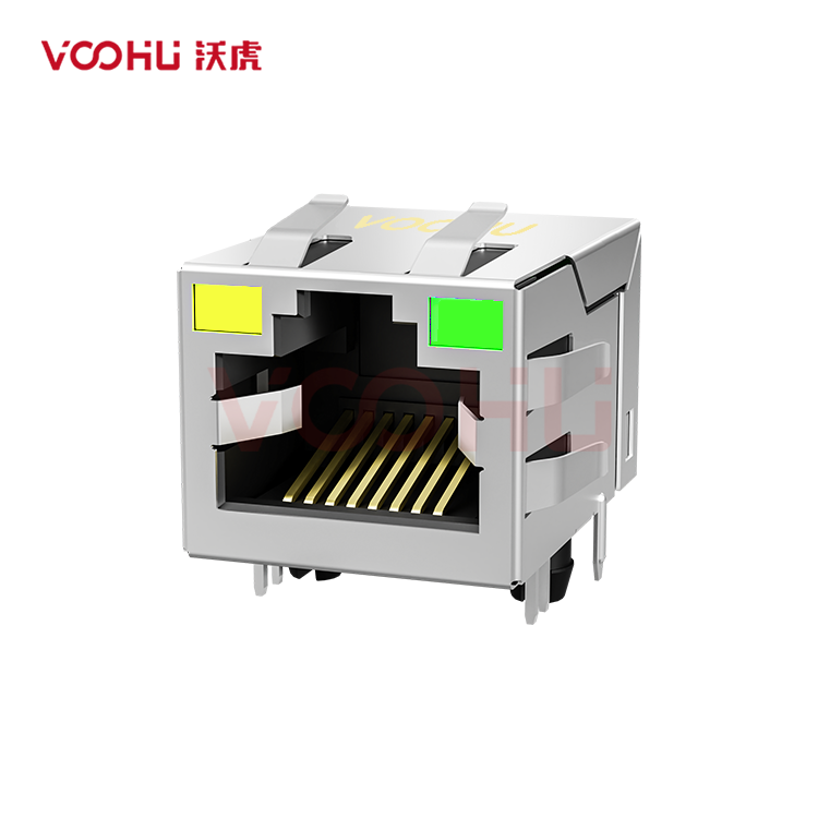 SYT311Q010DC1A4DHN  90° 侧面插入 1*1 开口朝上 Y/G 100/1000M 带屏蔽带弹片 DIP RJ45