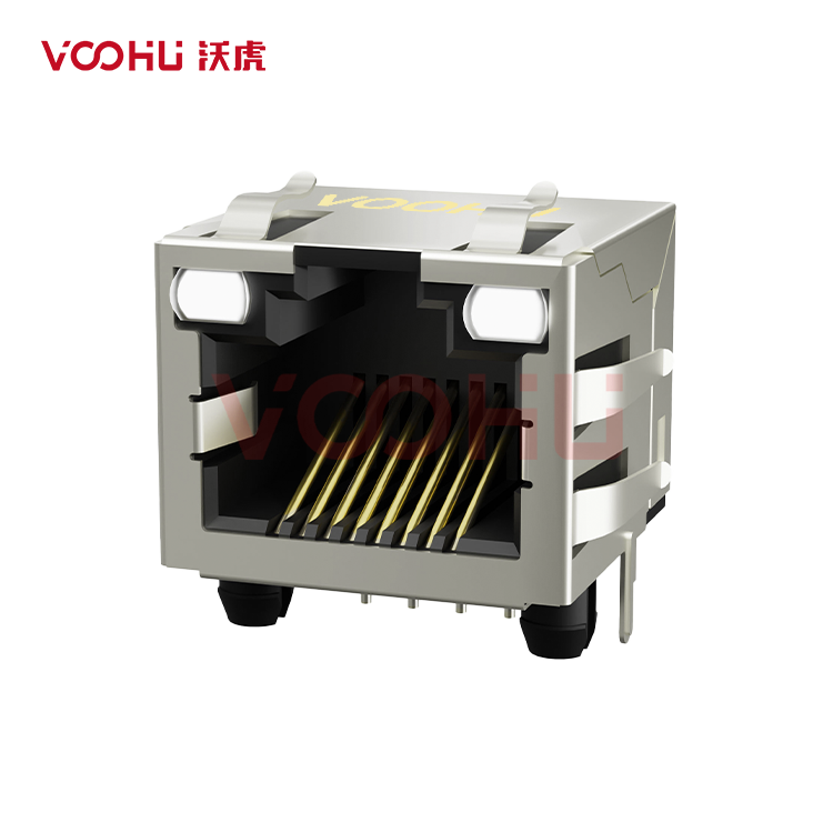 SYT561188DG1A3DY1027 90° 侧面插入 1*1 开口朝上 LED GY/GY  带屏蔽带弹片 DIP RJ45