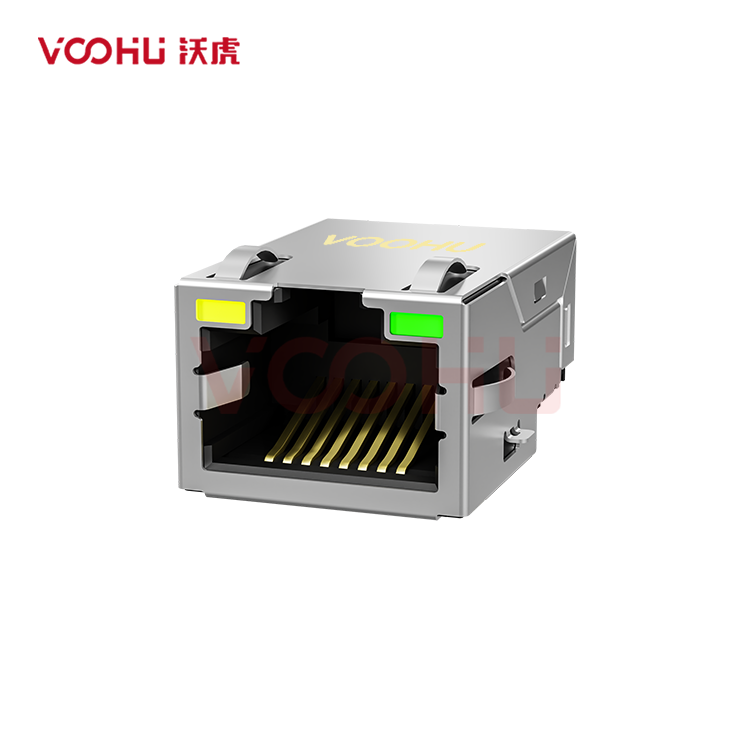 SYT211Q106DB1A7CBS057 90° 侧面插入 1*1 开口朝上 100/1000M LED G/Y SMD 沉板RJ45连接器