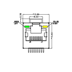 SYT52241188AB2W6SB1154 180°立式  1*1 开口朝上 带屏蔽 带灯左绿右黄 贴片 RJ45