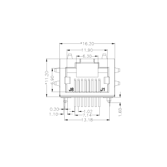SYT60S1188HWA6DY1008(弯脚)  90° 侧面插入 1*1 开口朝上 8P8C 无灯带弹 RJ45（低高度）