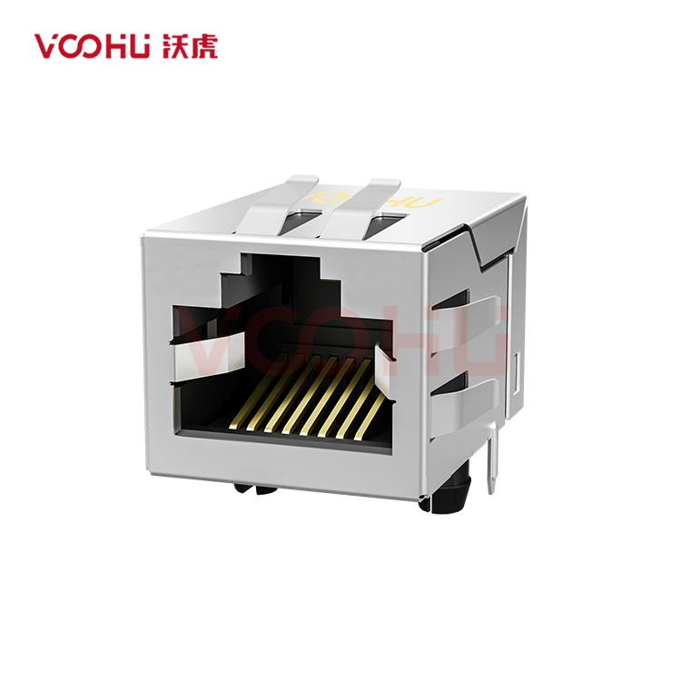 SYT211B035HWA7DT6009  90° 侧面插入 1*1 开口朝上 8P8C CAT6A 无灯带弹 RJ45