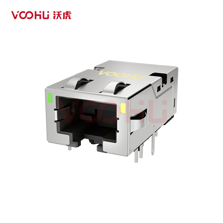 SYT1611Q002FB2A2DB1057 90° 侧面插入 1*1 开口朝下 10G 有LED G/Y DIP RJ45（低高度）