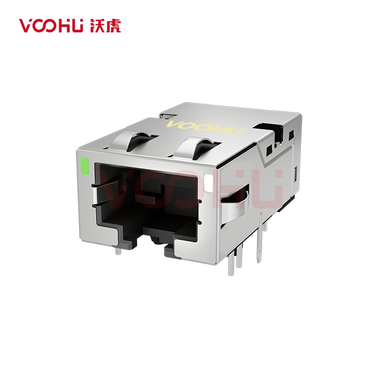 SYT1611Q506FN8A2DC1057(10G) 90° 侧面插入 1*1 开口朝下 10G 有LED G/GY DIP RJ45（低高度）
