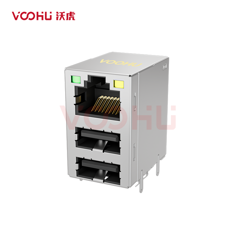 SYT711Q009AE3RWD080 90° 侧面插入 1*1 LED G/GY DIP RJ45+双USB2.0 1000BASE