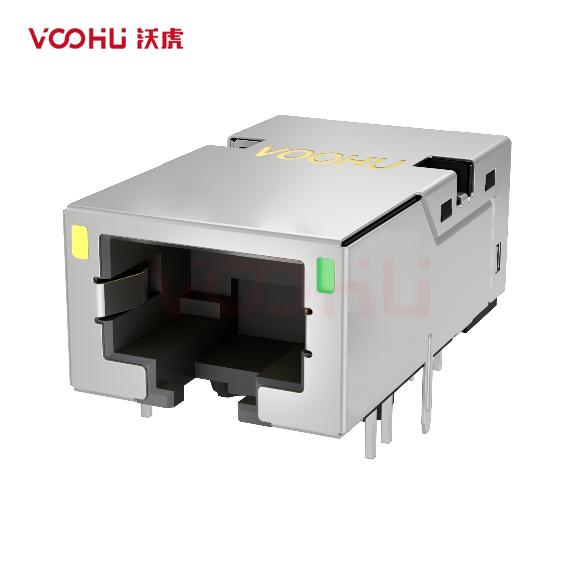 SYT1611Q008CD1A10DB057  90° 侧面插入 1*1 开口朝下 Y/G 1000BASE DIP RJ45