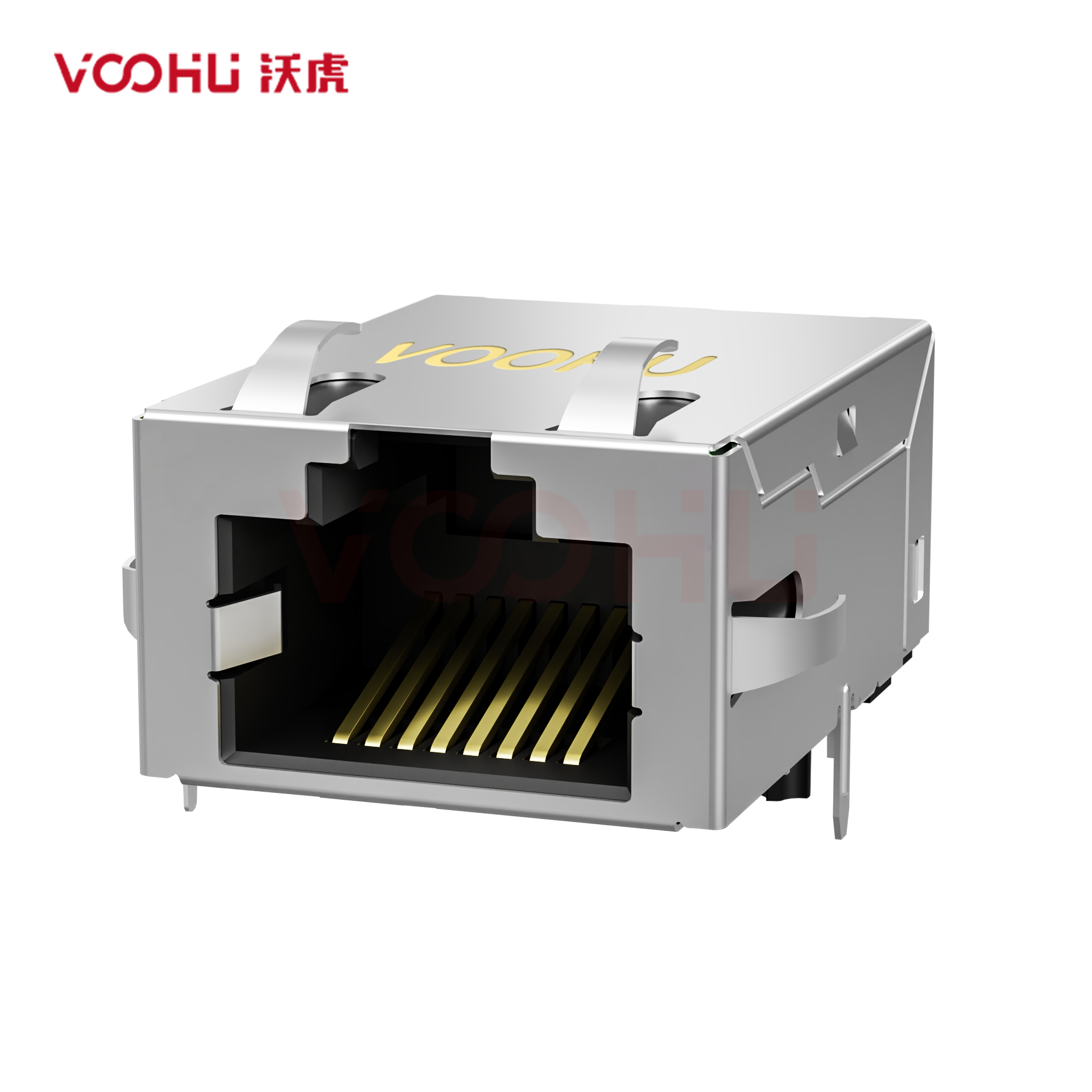 SYT811Q008HWA2DC057  90° 侧面插入 1*1 开口朝上 1000BASE 带弹片 DIP RJ45 (低高度)