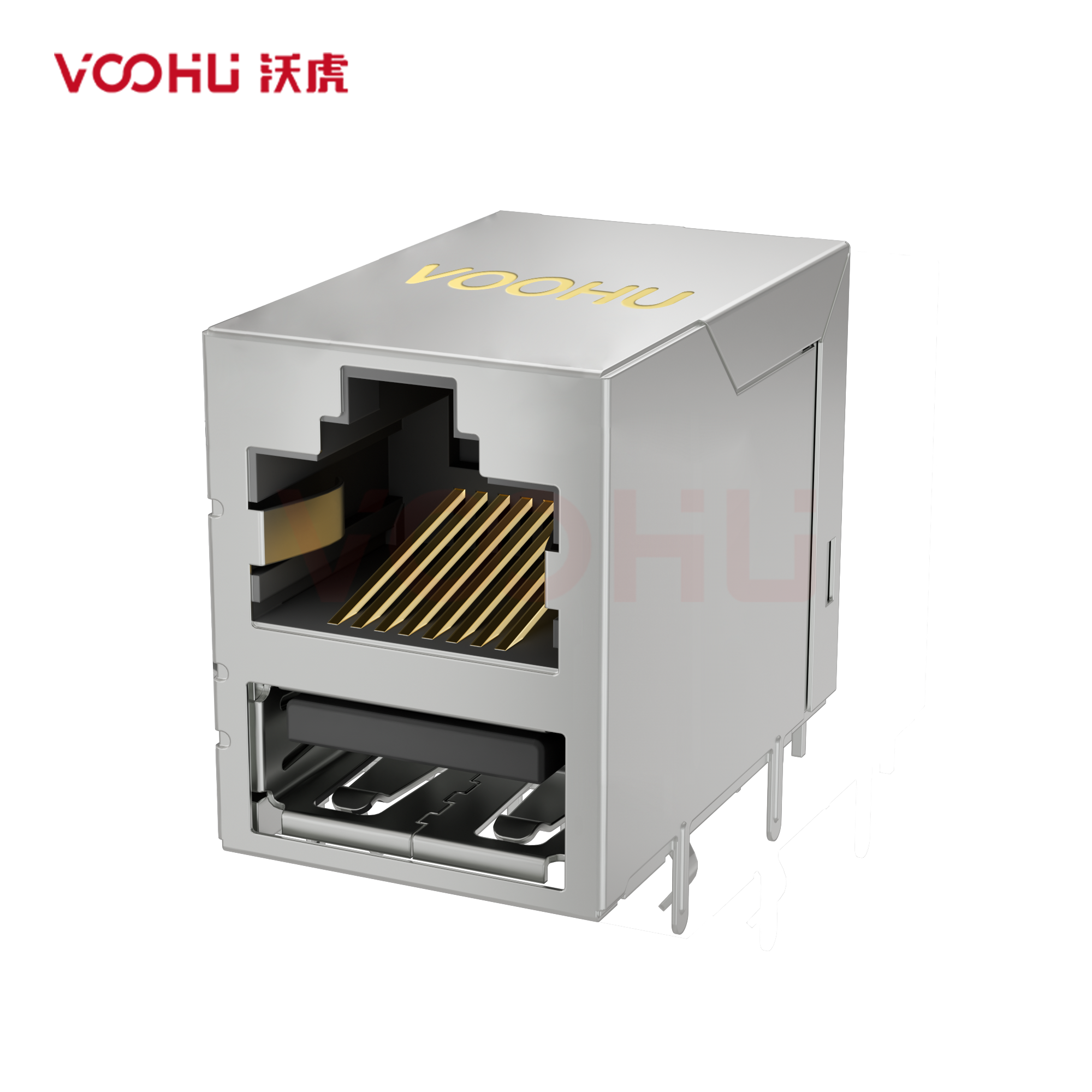 SYT611B099GWWD009(弯脚)  90° 侧面插入 1*1 100BASE DIP RJ45+USB2.0