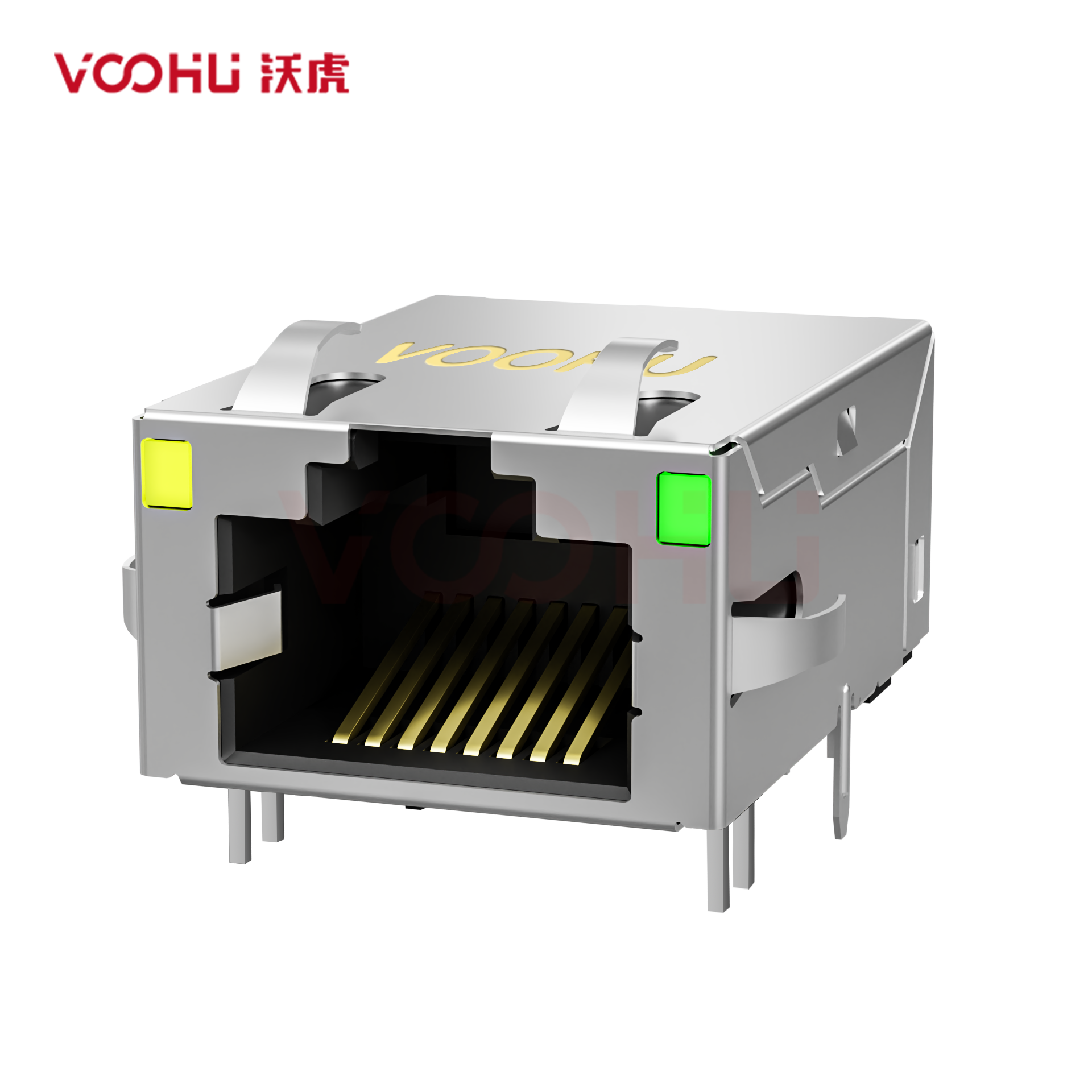 SYT811Q008FD1A2D057  90° 侧面插入 1*1 开口朝上 1000BASE 带弹片 Y/G DIP RJ45(低高度)