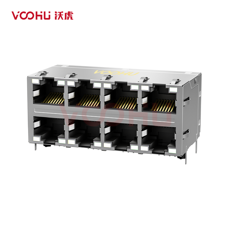 SYT24B010DN6A5DVB068  90&deg; 侧面插入 2*4 开口朝上/下 10/100M  带弹片 DIP RJ45