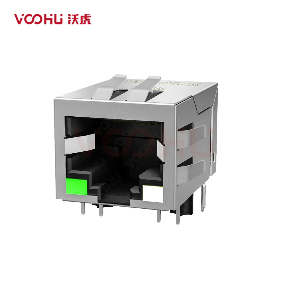 SYT111Q070FH3A1D 90° 侧面插入 1*1 开口朝下 100/1000M  LED G/GY 带屏蔽带弹片 DIP RJ45