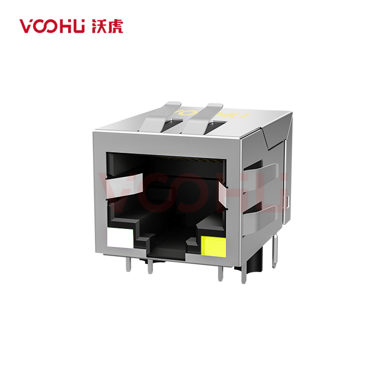 SYT111Q070FF5A1D 90&deg; 侧面插入 1*1 开口朝下 100/1000M  LED GO/Y 带屏蔽带弹片 DIP RJ45