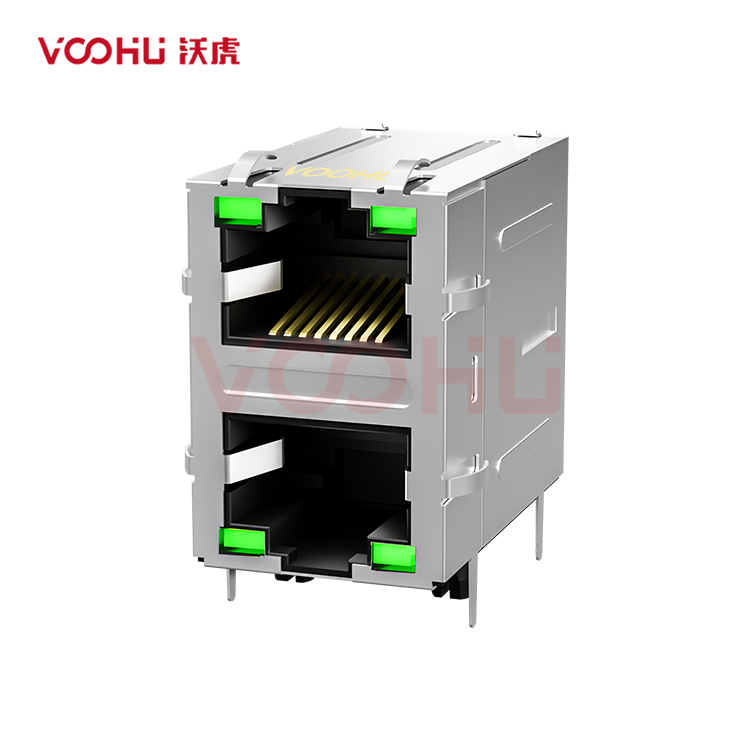 SYT21Q042DB3A4D068 90° 侧面插入 2*1 开口朝上/下 1000BASE LED G/G 带屏蔽带弹片 DIP RJ45