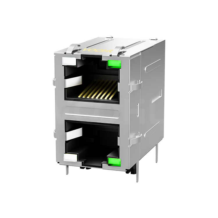 SYT21Q042DF3A5D068 90° 侧面插入 2*1 开口朝上/下 1000BASE LED GY/G 带屏蔽带弹片 DIP RJ45