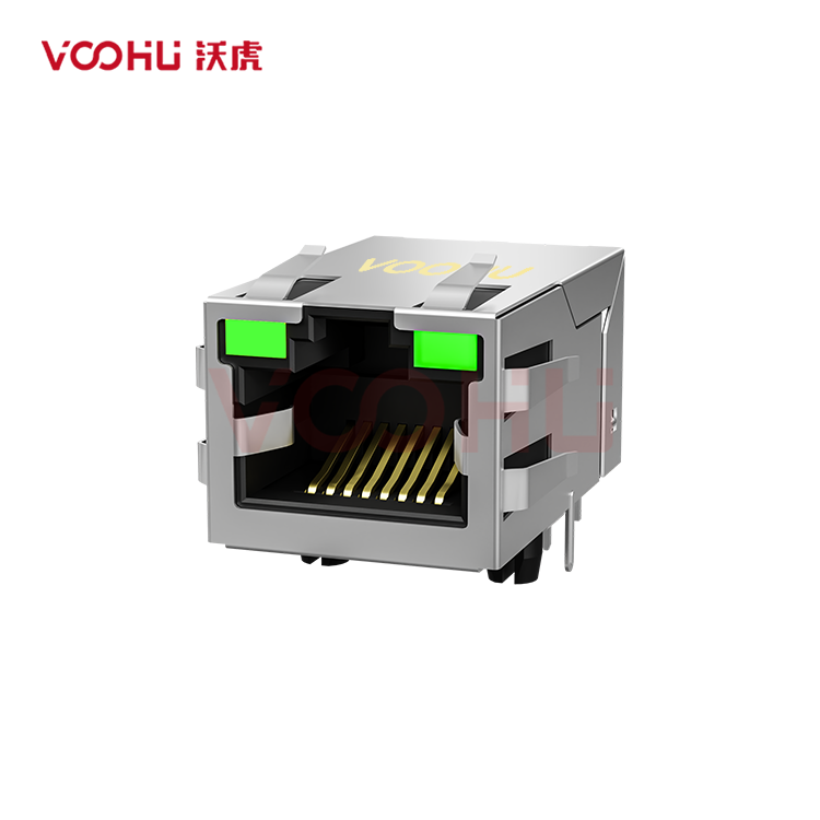 SYT311Q018DB3A4DN  90° 侧面插入 1*1 开口朝上 G/G 100/1000M 带屏蔽带弹片 DIP RJ45