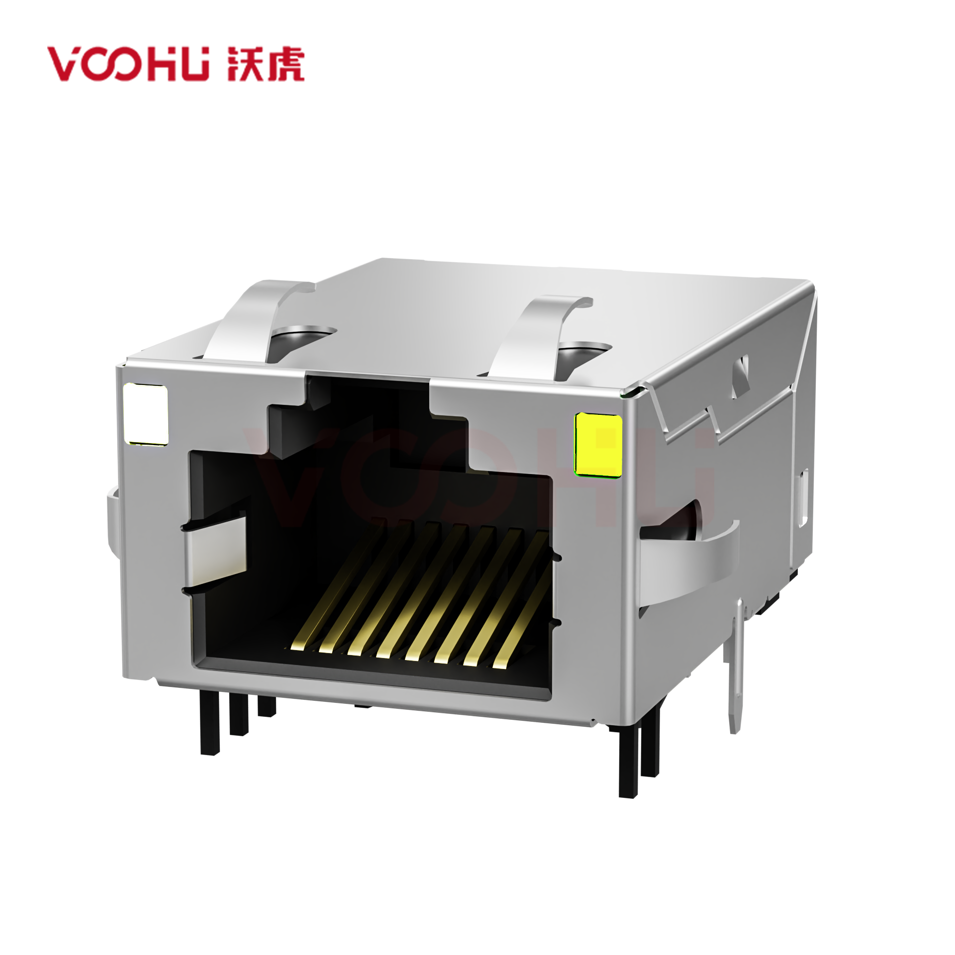 WH99TG-Q618G830415  90° 侧面插入 1*1 开口朝上 1000BASE GO/Y DIP RJ45(低高度)