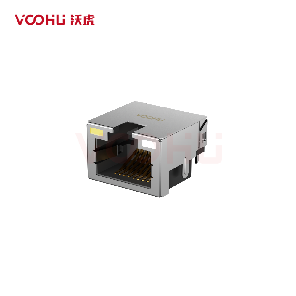 SYTCB421188AE5W6DB1075 90° 侧面插入 1*1 开口朝上 沉板4.2 DIP带屏蔽带灯 左黄右白  沉板RJ45连接器
