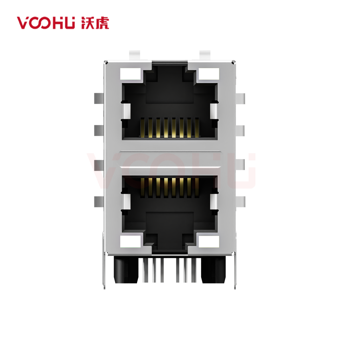 SYT21Q042DG1A2D057 90&deg; 侧面插入 2*1 开口朝上/下 1000BASE LED GY/GY 带屏蔽带弹片 DIP RJ45