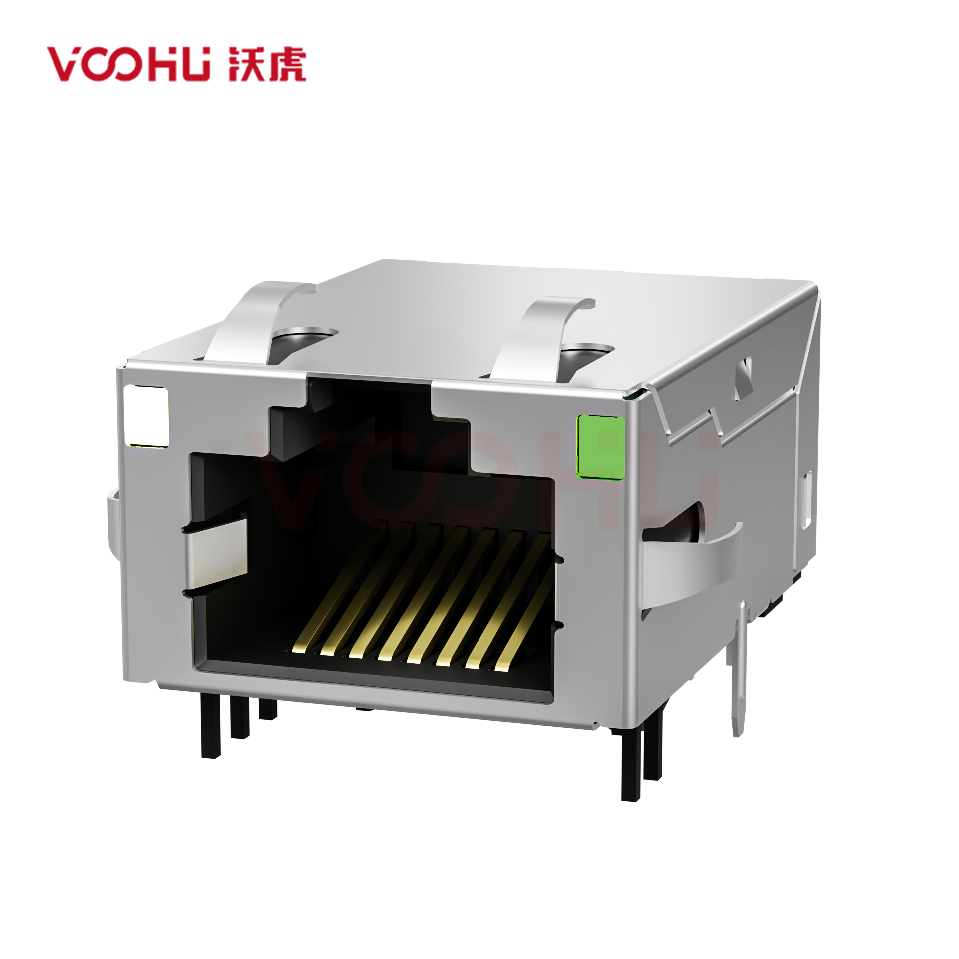 SYT811Q351FM1A10DB1057 90° 侧面插入 1*1 开口朝上 10G YG/G DIP RJ45(低高度)