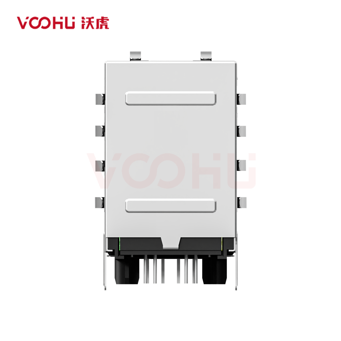 SYT21Q042DG1A2D057 90&deg; 侧面插入 2*1 开口朝上/下 1000BASE LED GY/GY 带屏蔽带弹片 DIP RJ45