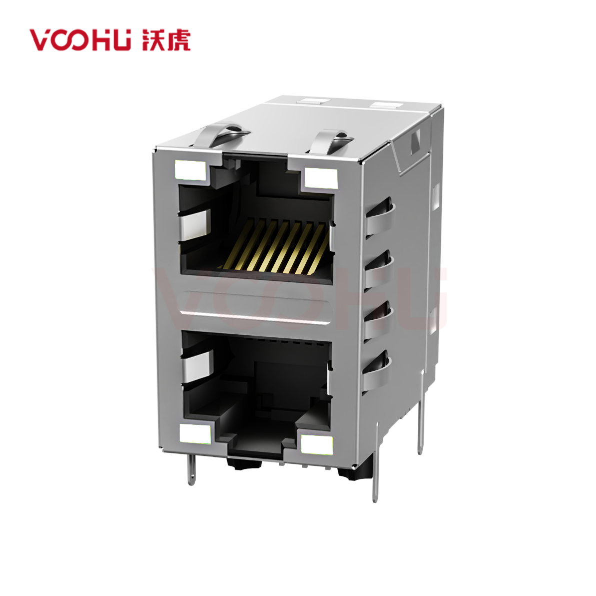 SYT21Q042DG1A2D057 90&deg; 侧面插入 2*1 开口朝上/下 1000BASE LED GY/GY 带屏蔽带弹片 DIP RJ45