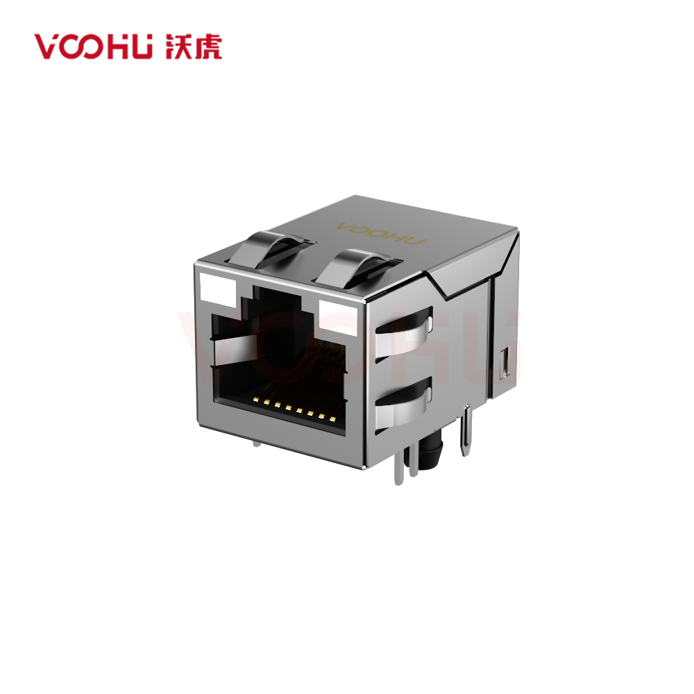SYT211Q075FG1A4DZ 90&deg; 侧面插入 1*1 开口朝上 GY/GY 100/1000M 带屏蔽带弹片 DIP RJ45