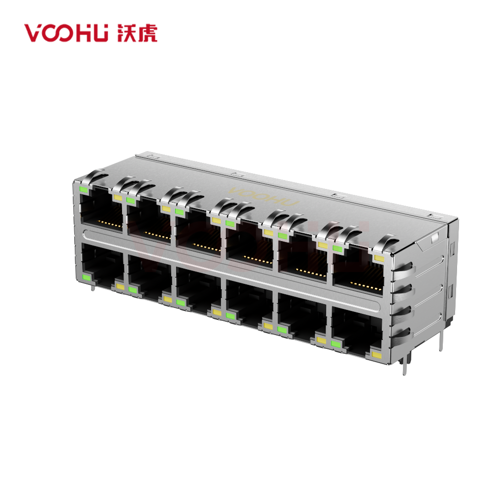 WHRJ31188B040 90&deg; 侧面插入 2*6  LED扁针插座 开口朝上/下  带屏蔽 DIP RJ45