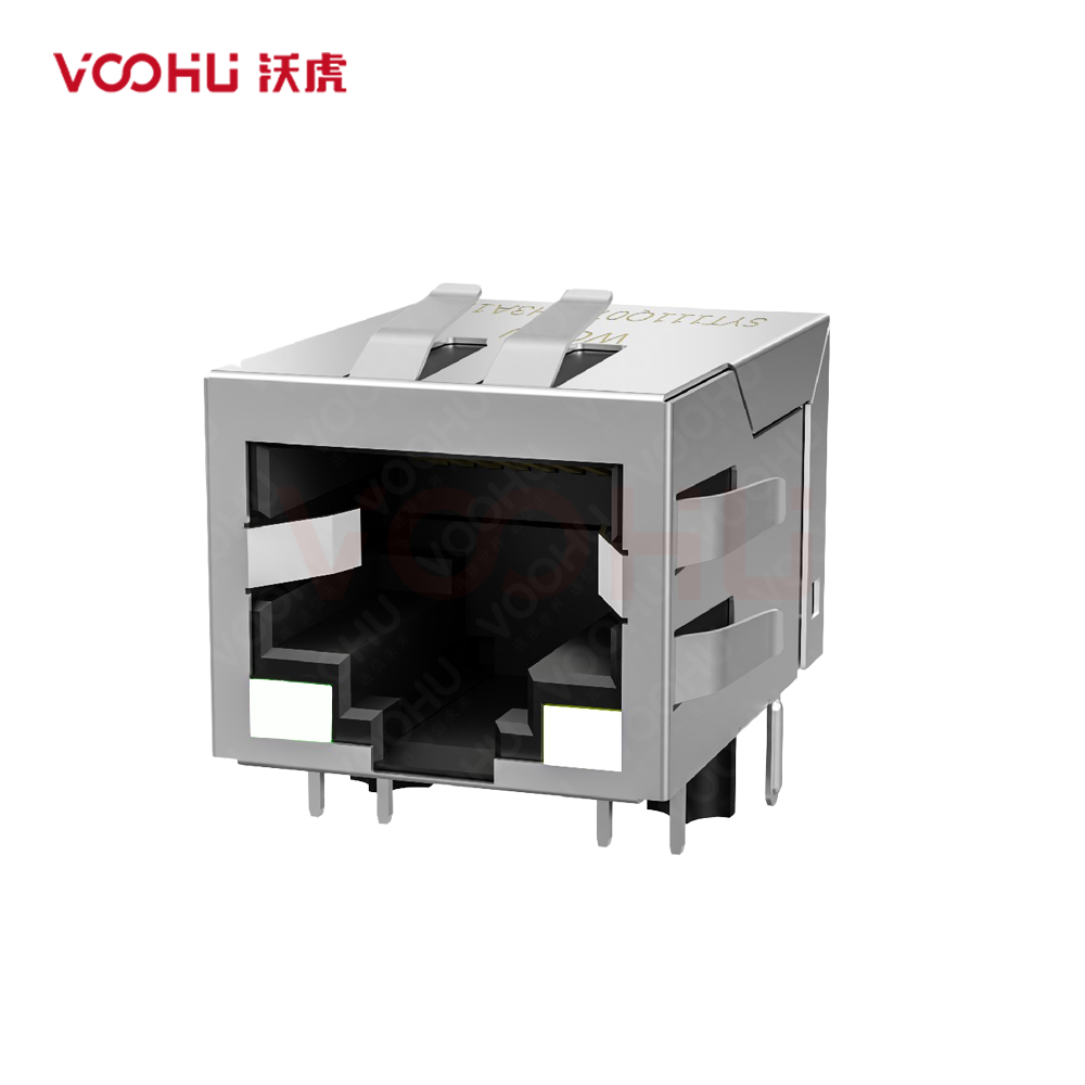 SYT111Q019DG1A1D   90&deg; 侧面插入 1*1 开口朝下 100/1000M  LED GY/GY 带屏蔽带弹片 DIP RJ45