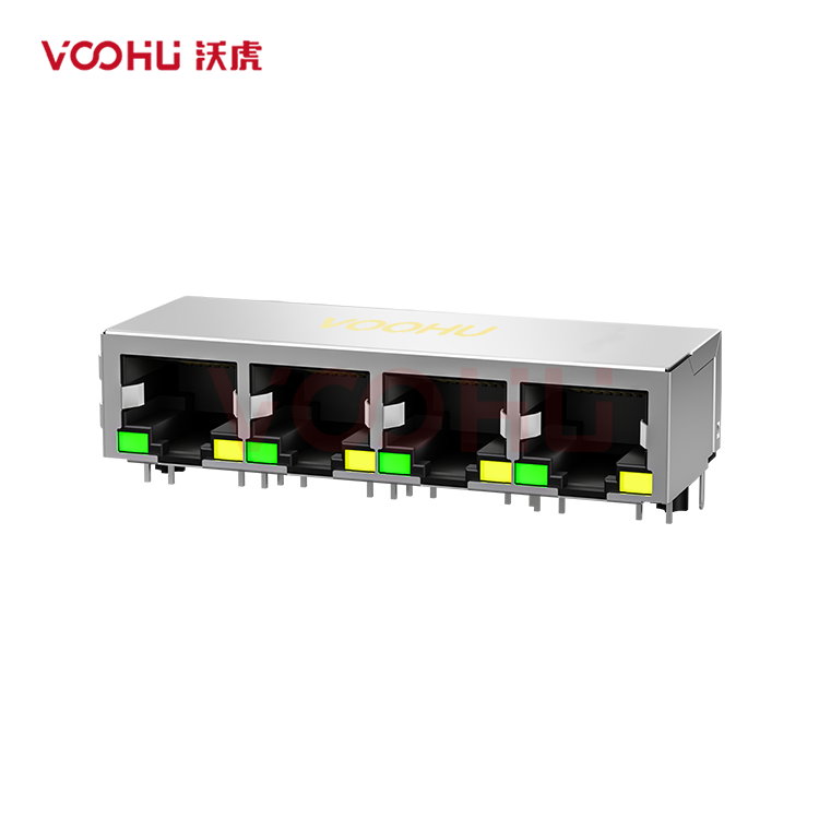 SYT114Q479AB2A1D3P 1*4 90&deg; 100/1000BASE 开口朝下 LED（左绿右黄）RJ45连接器