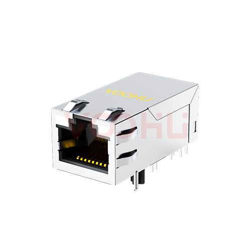 SYT411Q211DG1A2DB2057(2.5G) 90&deg; 侧面插入 1*1 开口朝上 2.5G  LED GY/GY 带屏蔽带弹片 DIP RJ45