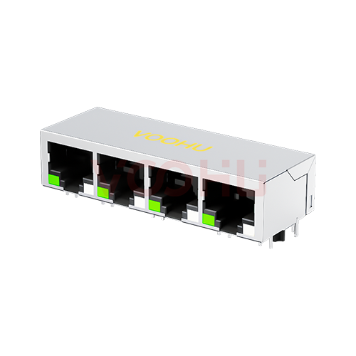 SYT114Q303AE6A1DFL  90&deg; 侧面插入 1*4 开口朝下 1000BASE LED G/GO DIP RJ45