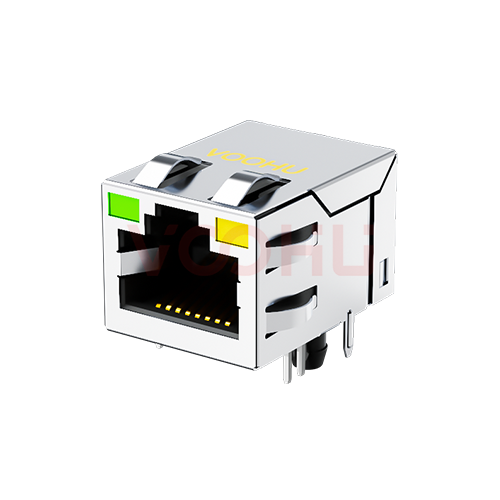 SYT211Q285FD2A4D2 (2.5G)  90&deg; 侧面插入 1*1 开口朝上 2.5G LED灯 带弹片 RJ45